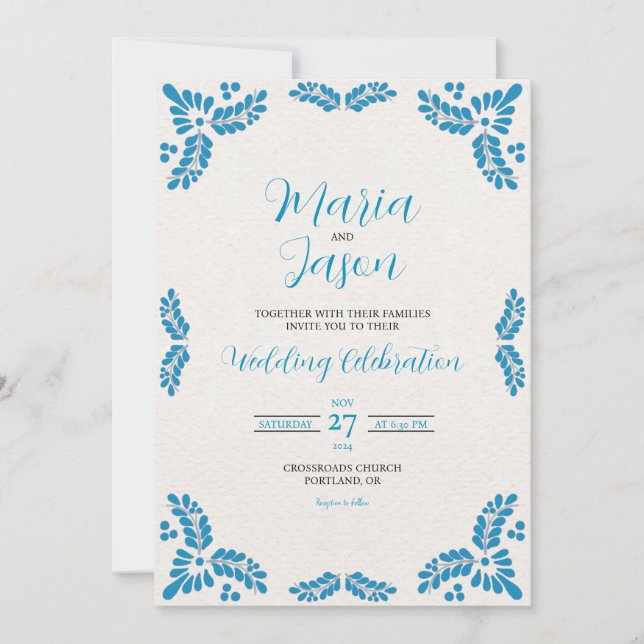 Convite Mexican Talavera Turquoise Minimalist Wedding (Frente)