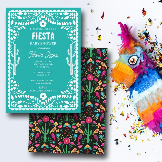 Convite Mexican Traditional Floral Fiesta Teal Baby Shower (Mexican Traditional Floral Fiesta Teal Baby Shower Invitation)