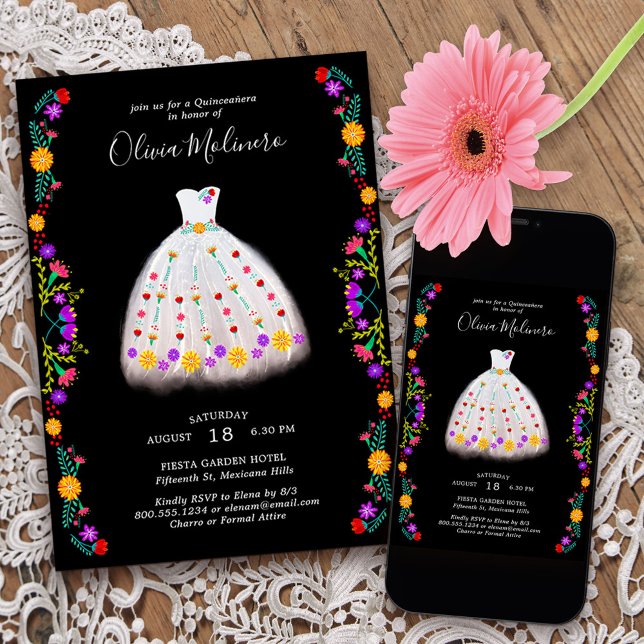 Convite Mexicana Fiesta White Floral Princesa Quinceanera (Princess Dress Quinceanera invitation from my Mexican Fiesta Floral collection
)