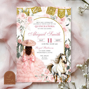 Convite Mexicano Charra Rosa Floral Quinceanera