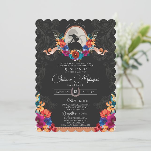 Convite Mexicano Fiesta Colorful Floral Quinceanera Ociden (Em pé/Frente)