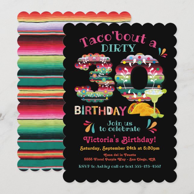 Convite Mexicano Fiesta Dirty 30 Papel Picado Birthday Inv (Frente/Verso)