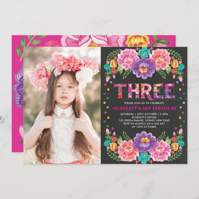 Convite Mexicano Fiesta Flor 3rd Girls Birthday Foto de An (Frente/Verso)