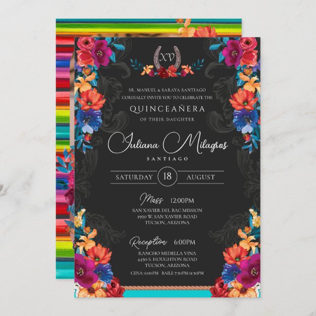 Convite Mexicano Fiesta Floral Adicione Sua Foto Quinceane (Frente/Verso)