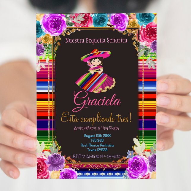 Convite Mexicano Fiesta Floral Birthday Mis Tres Años (Criador carregado)