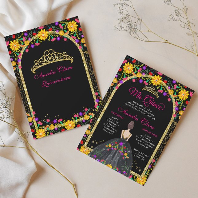 Convite Mexicano Fiesta Floral Princesa Dourada Quinceaner (Criador carregado)
