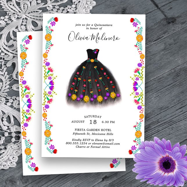 Convite Mexicano Fiesta Floral Princess Dress Quinceanera (Quinceanera Invitation from my Mexican Fiesta Flowers Quinceanera Collection -printed or digital
)