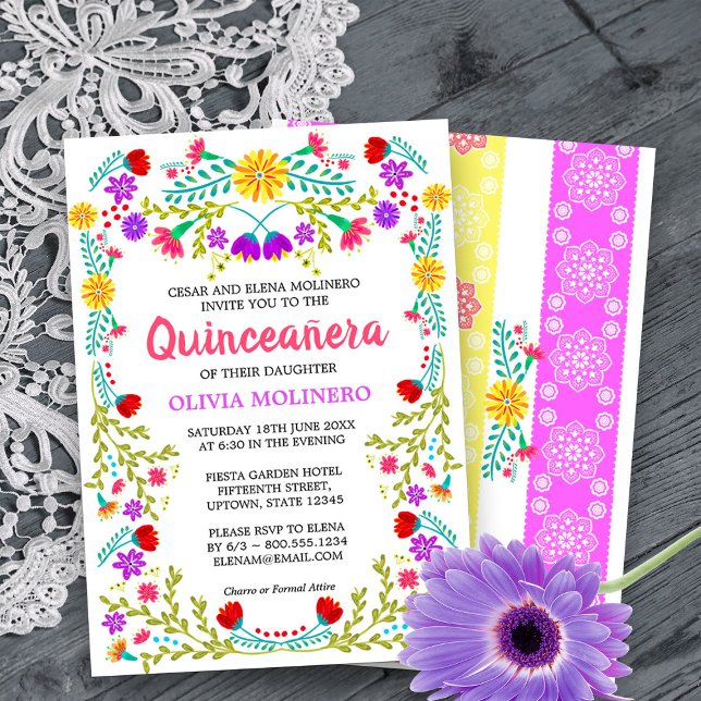Convite Mexicano Fiesta Folk Art Floral Quinceanera (Quinceanera Invitation from my Mexican Fiesta Flowers Quinceanera Collection -printed or digital)