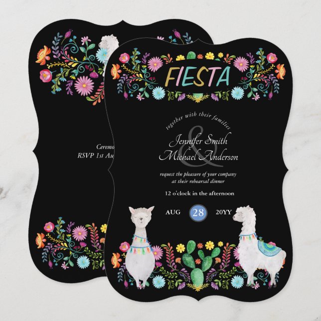 Convite Mexicano Fiesta Folk Flowers Llamas QUALQUER Casal (Frente/Verso)