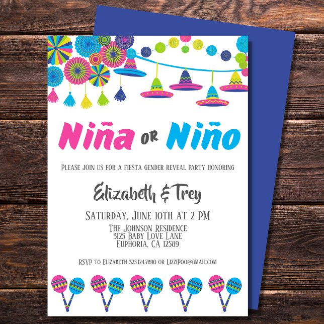 Convite Mexicano Fiesta Gênero Reveal Niña ou Niño (Have a fiesta to celebrate the gender of your new baby with this cute Mexican inspired invitation)