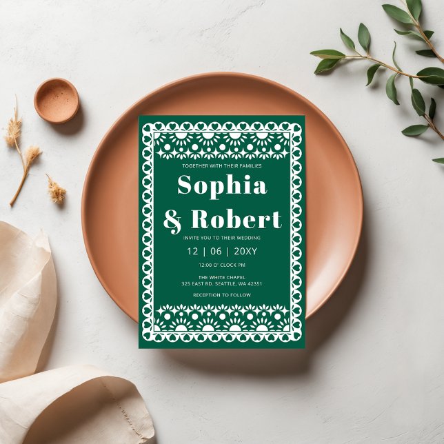 Convite Mexicano Fiesta Green Papel Picado Boho Wedding (Mexican Fiesta Green Papel Picado Boho Wedding Invitation)