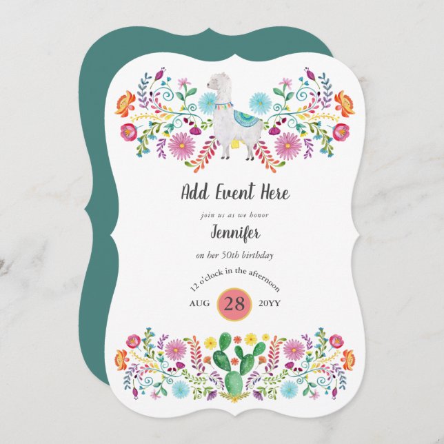 Convite Mexicano Fiesta Llama Folk Flowers Cactos QUALQUER (Frente/Verso)