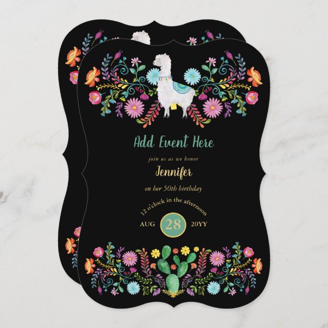 Convite Mexicano Fiesta Llama Folk Flowers Cactos QUALQUER (Frente/Verso)