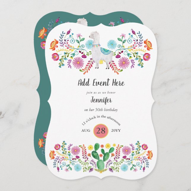 Convite Mexicano Fiesta Llama Folk Flowers Cactos QUALQUER (Frente/Verso)