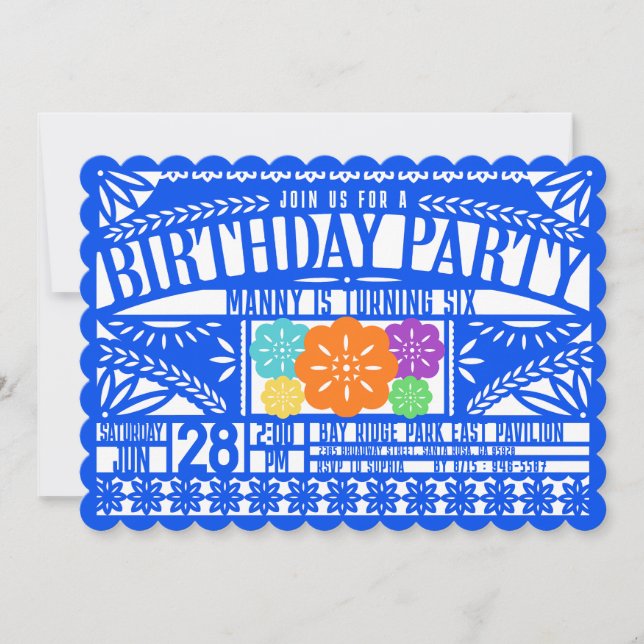 Convite Mexicano Fiesta Papel Picado Flag BLUE Birthday (Frente)