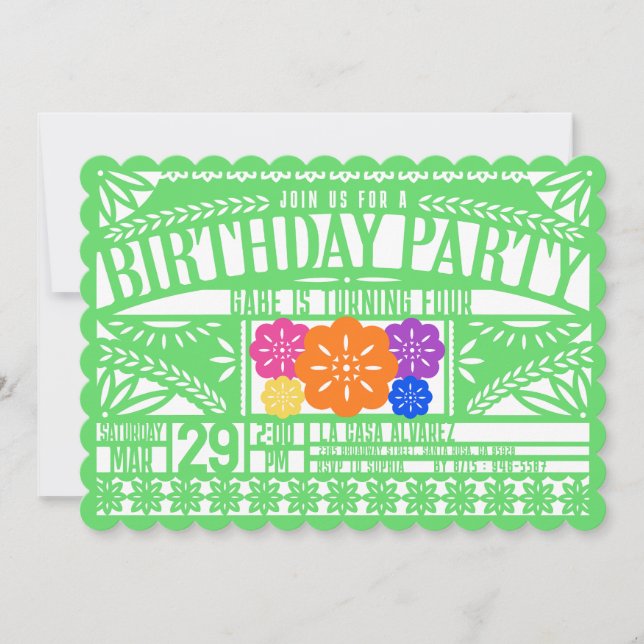 Convite Mexicano Fiesta Papel Picado Flag GREEN Birthday (Frente)
