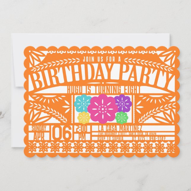 Convite Mexicano Fiesta Papel Picado Flag ORANGE Birthday (Frente)
