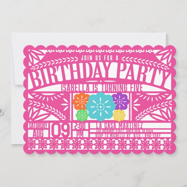Convite Mexicano Fiesta Papel Picado Flag PINK Birthday (Frente)