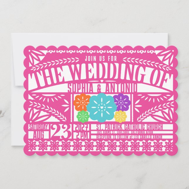Convite Mexicano Fiesta Papel Picado Flag PINK Weding (Frente)