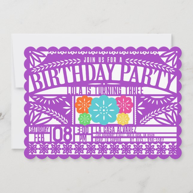 Convite Mexicano Fiesta Papel Picado Flag PURPLE Birthday (Frente)