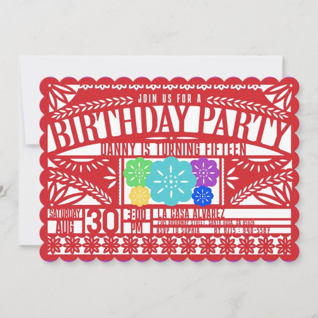 Convite Mexicano Fiesta Papel Picado Flag RED Birthday (Frente)