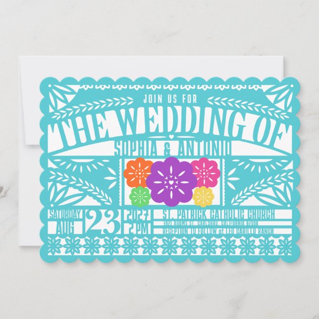 Convite Mexicano Fiesta Papel Picado Flag TEAL Weding (Frente)