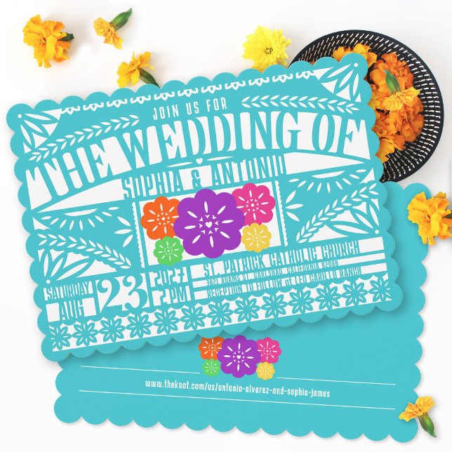 Convite Mexicano Fiesta Papel Picado Flag TEAL Weding (Colorful teal papel picado Mexican heritage fiesta flag celebration scalloped wedding invitation )
