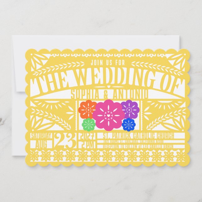 Convite Mexicano Fiesta Papel Picado Flag YELLOW Weding (Frente)