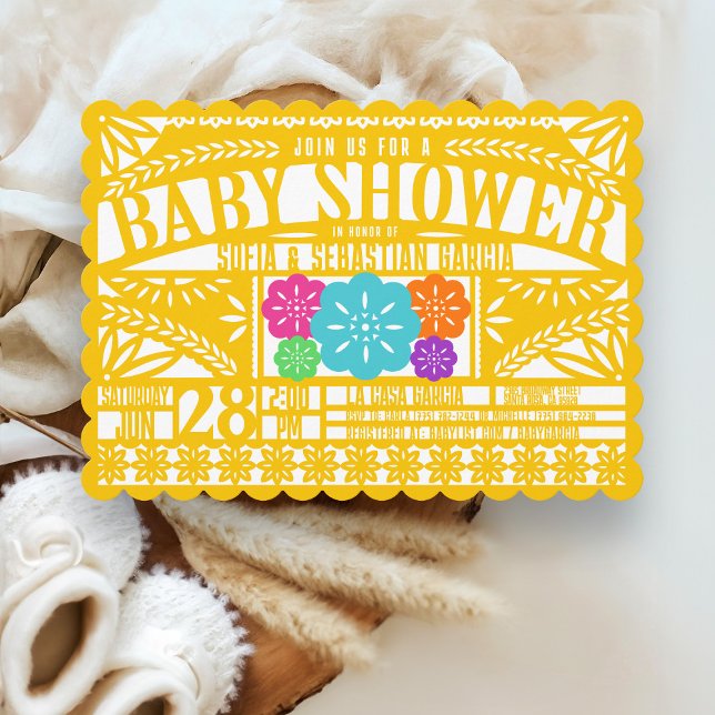 Convite Mexicano Fiesta Papel Picado Sinalizador DOURADO C (Festive bright colorful yellow gold Mexican fiesta Papel Picado gender neutral baby shower invite)