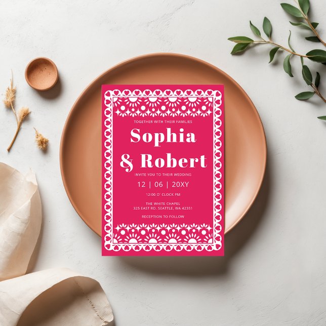 Convite Mexicano Fiesta Pink Papel Picado Boho Casamento (Mexican Fiesta Pink Papel Picado Boho Wedding Invitation)