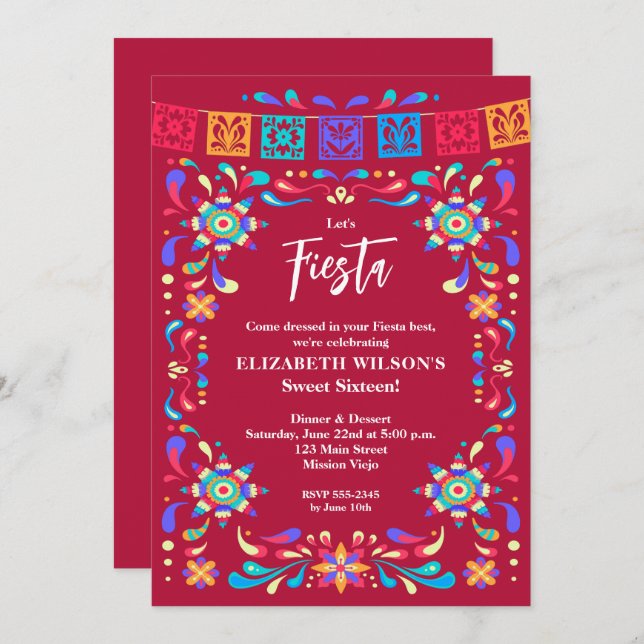 Convite Mexicano Fiesta Sweet 16 Festas de aniversário (Frente/Verso)