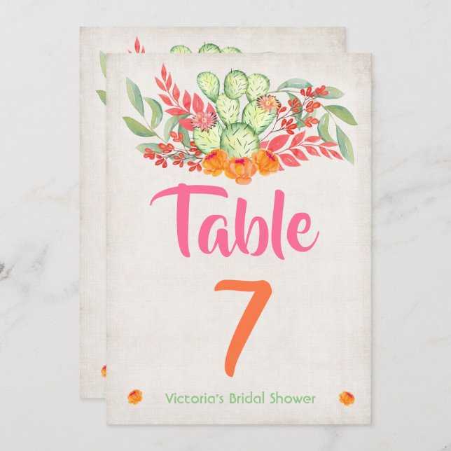 Convite Mexicano Fiesta Table number Watercolor Cactus (Frente/Verso)