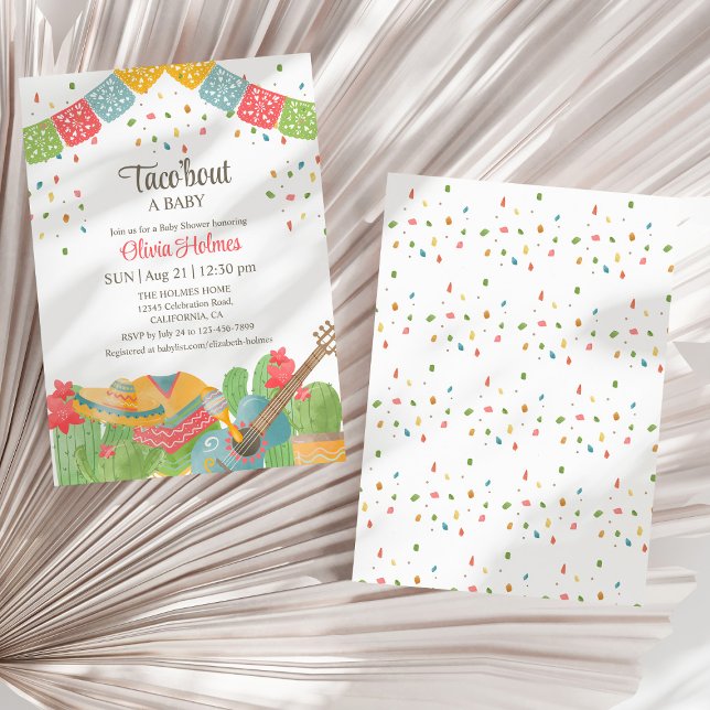 Convite Mexicano Fiesta Taco Sobre Um Chá de fraldas De Be (Mexican Fiesta Taco 'Bout A Baby Baby Shower Invitation on a dry white fan palm leaf.)