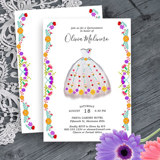 Convite Mexicano Fiesta White Floral Charro Quinceanera (Quinceanera Princess Dress Invitation from my Mexican Fiesta Flowers Quinceanera Collection)