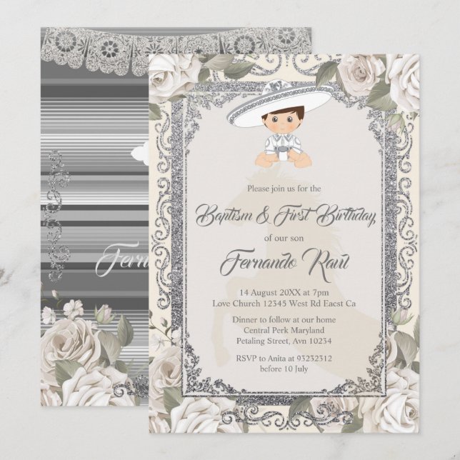 Convite Mexicano Sylver Fiesta Boy Baptism e Birthday (Frente/Verso)