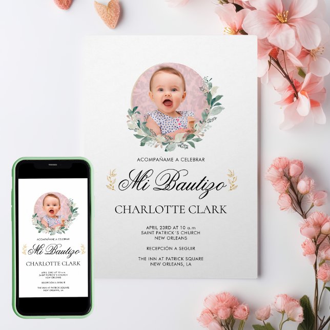 Convite Mi Bautizo Foto Botânica Espanhola Elegante (Mi Bautizo Photo Botanical Spanish Elegant Invitation)