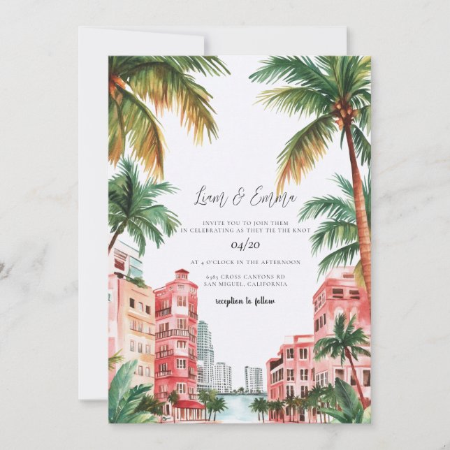 Convite Miami Florida Watercolor Wedding Invitation (Frente)