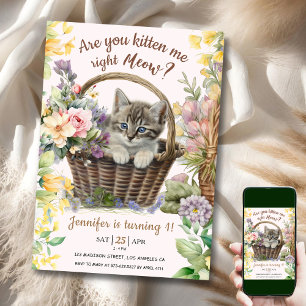 Convite Miau! Floral Fofo Aniversário de 1 ano da Menina G