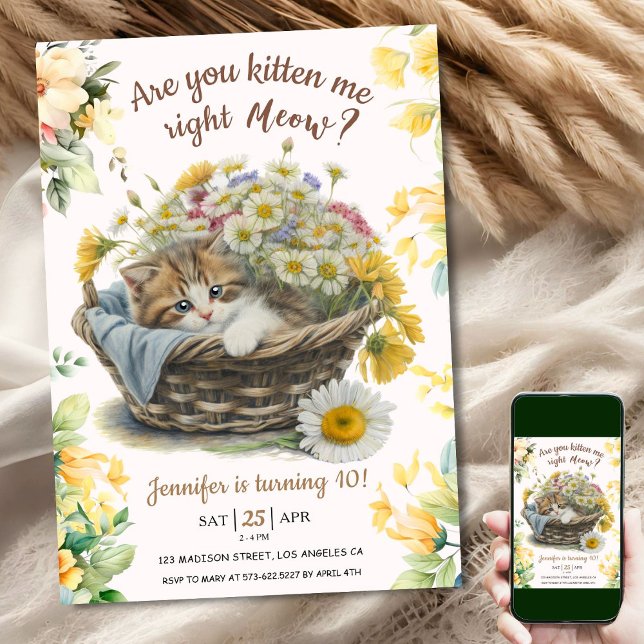 Convite Miau! Gatinho Floral Gatinho Gatinho Gato 10º Aniv (Criador carregado)