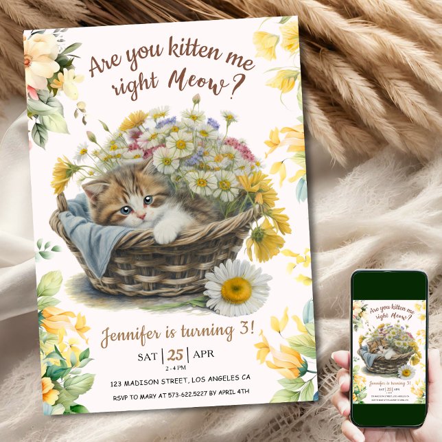 Convite Miau! Gatinho Gato Floral aniversário de 3 anos (Criador carregado)