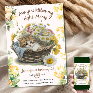 Convite Miau! Kitten Floral Kitty Gato do Quarto Aniversár