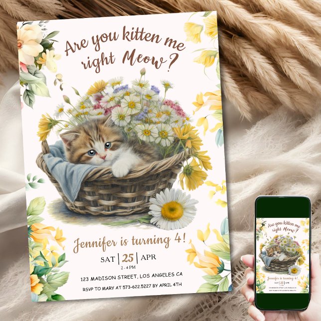 Convite Miau! Kitten Floral Kitty Gato do Quarto Aniversár (Criador carregado)