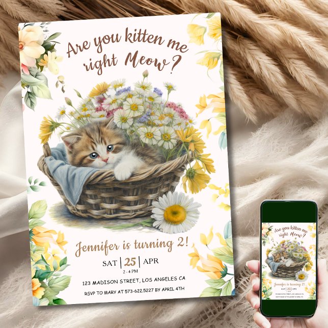 Convite Miau! Segundo aniversário de Gato de Gato Floral d (Criador carregado)