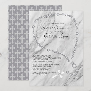 Convite Miçangas de Rosário de Prata Primeira Comunhão 