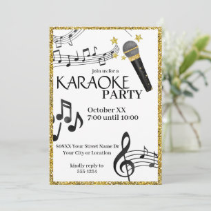 Convite Microfone Brilho Dourado Notas Musicais Festa Kara