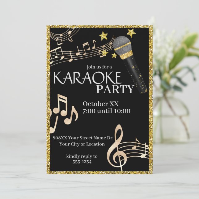 Convite Microfone Música Karaokê Dourado e Preto Festa (Em pé/Frente)