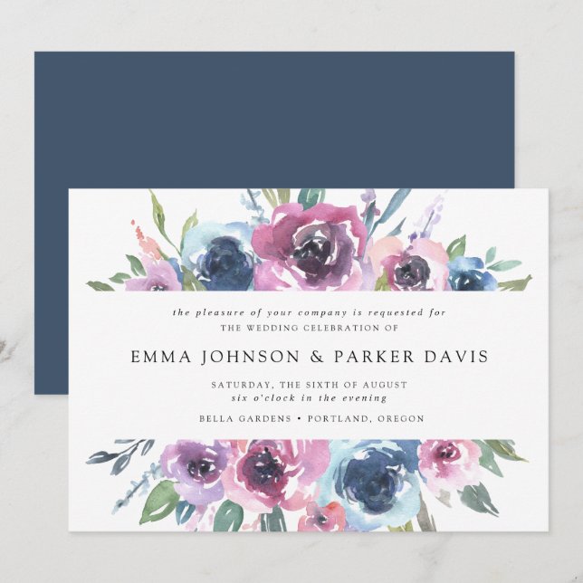 Convite Midnight Blooms | Casamento Floral Roxo e Azul (Frente/Verso)