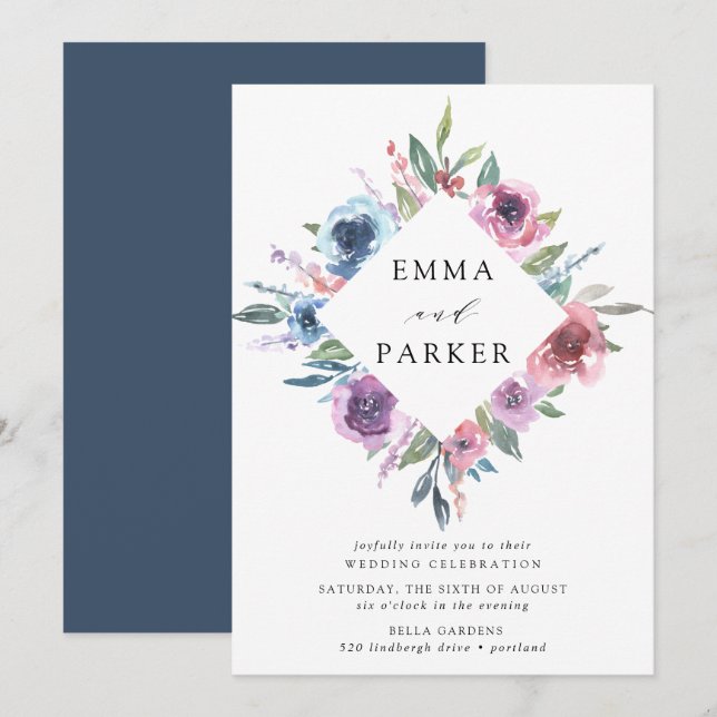 Convite Midnight Blooms | Casamento Floral Roxo e Azul (Frente/Verso)