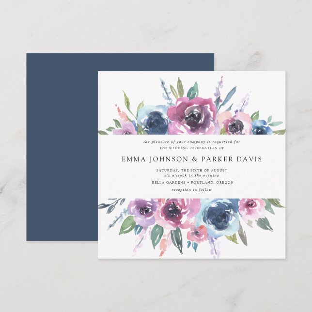 Convite Midnight Blooms | Casamento Floral Roxo e Azul (Frente/Verso)