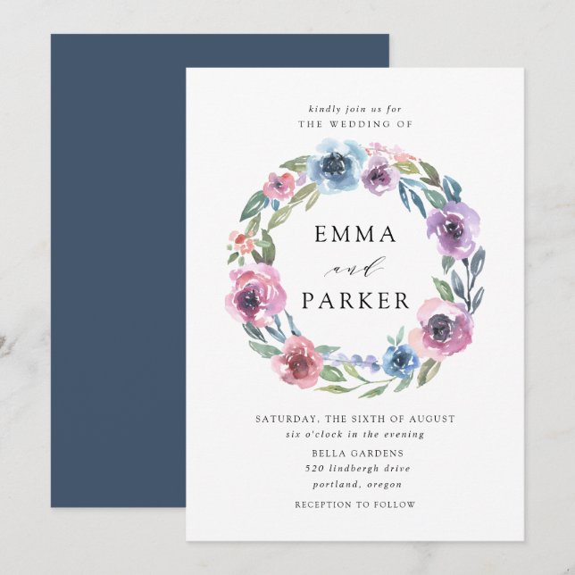 Convite Midnight Blooms | Casamento Floral Roxo e Azul (Frente/Verso)